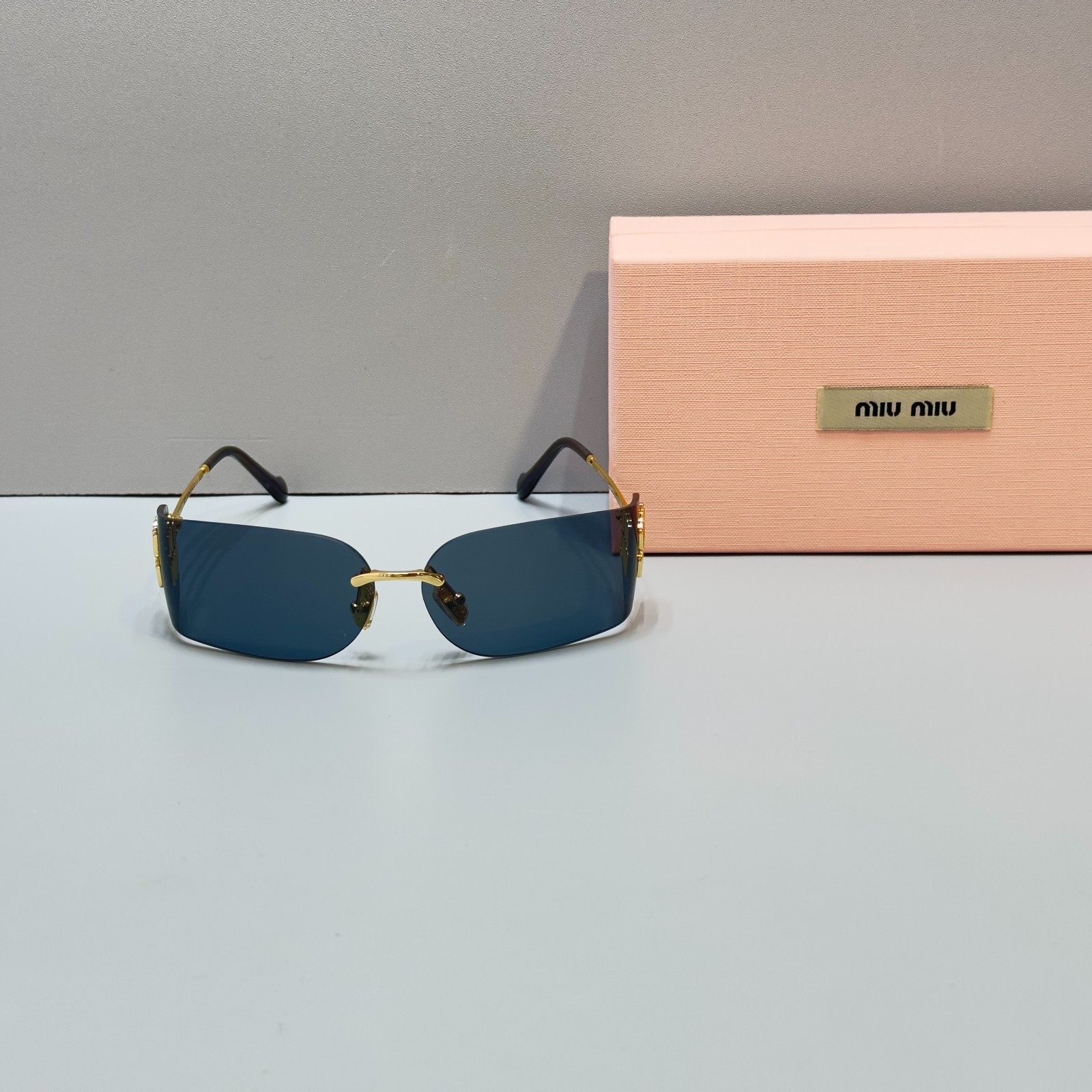 Miu Miu MU A51S Shield Sunglasses Gold Frame Black Lens Logo Rimless New W/Box