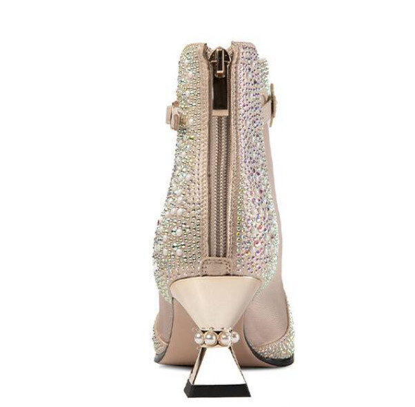 Pearls Women’s Poined Toe Mesh Rhinestone Real Leather Sandals Kitten Heels Sexy