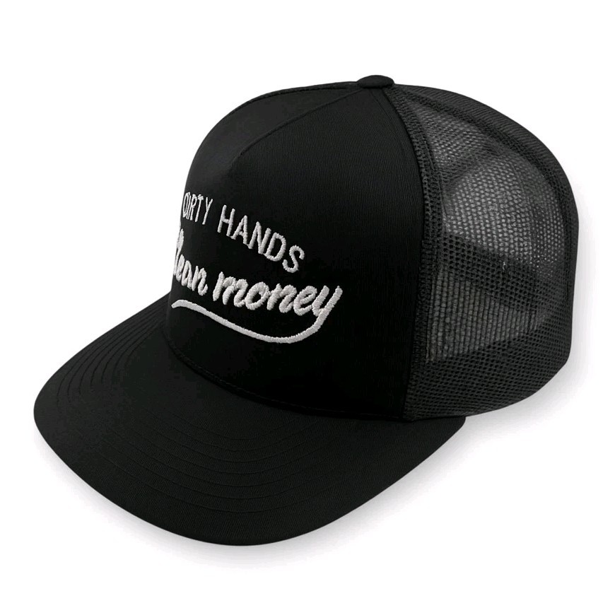 Dirty Hands Clean Money Snapback – Yupoong Black Flat Bill Embroidered Hat