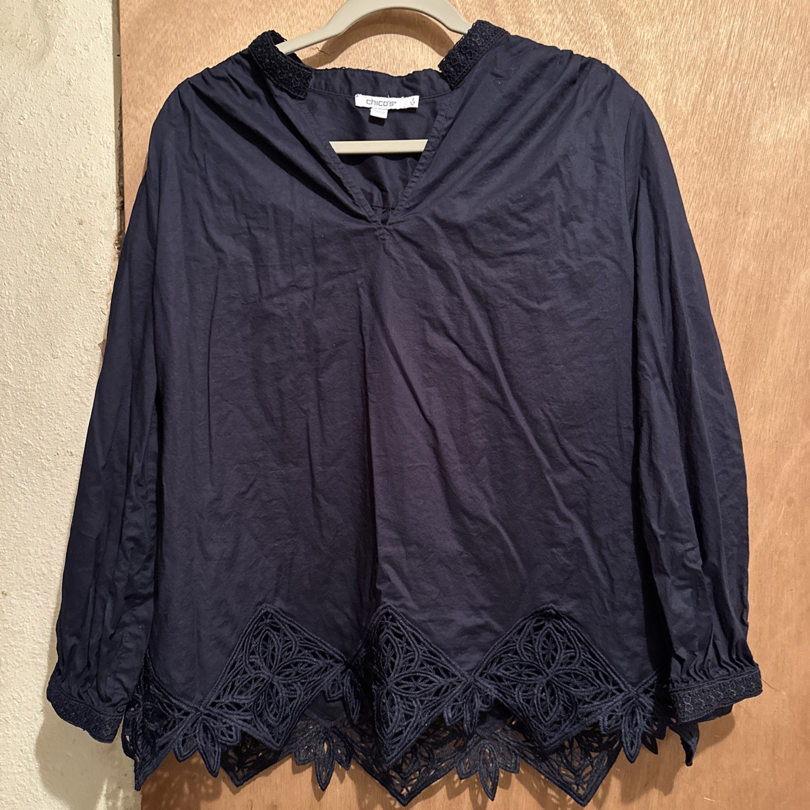 Chico’s Lace Trim Blouse Size 2 U.S 12 V Neck Long Sleeve Color Navy