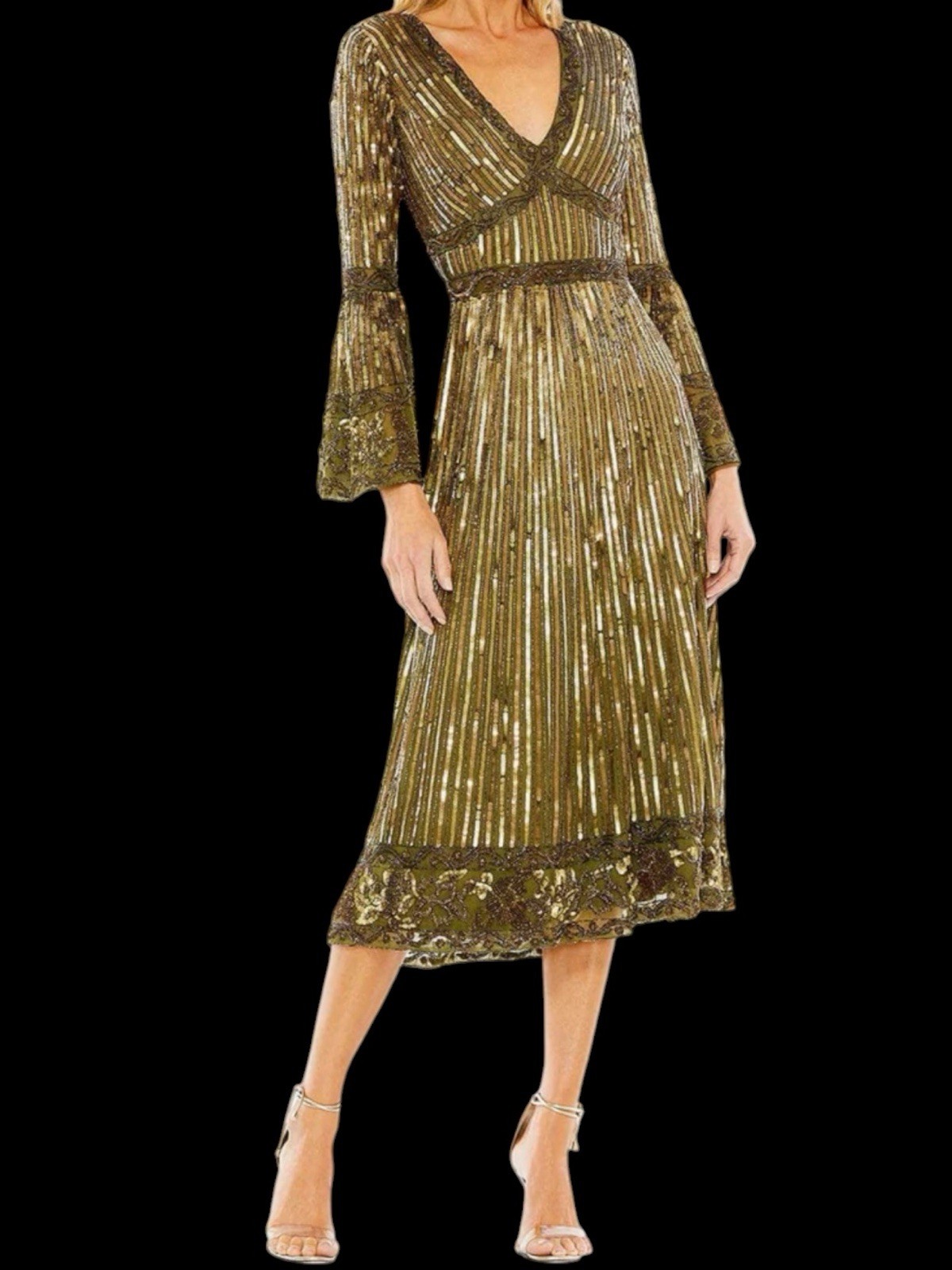 Mac Duggal 5591 Bell Sleeve Beaded Sequin Evening Dress Olive Gold NWT Size 14