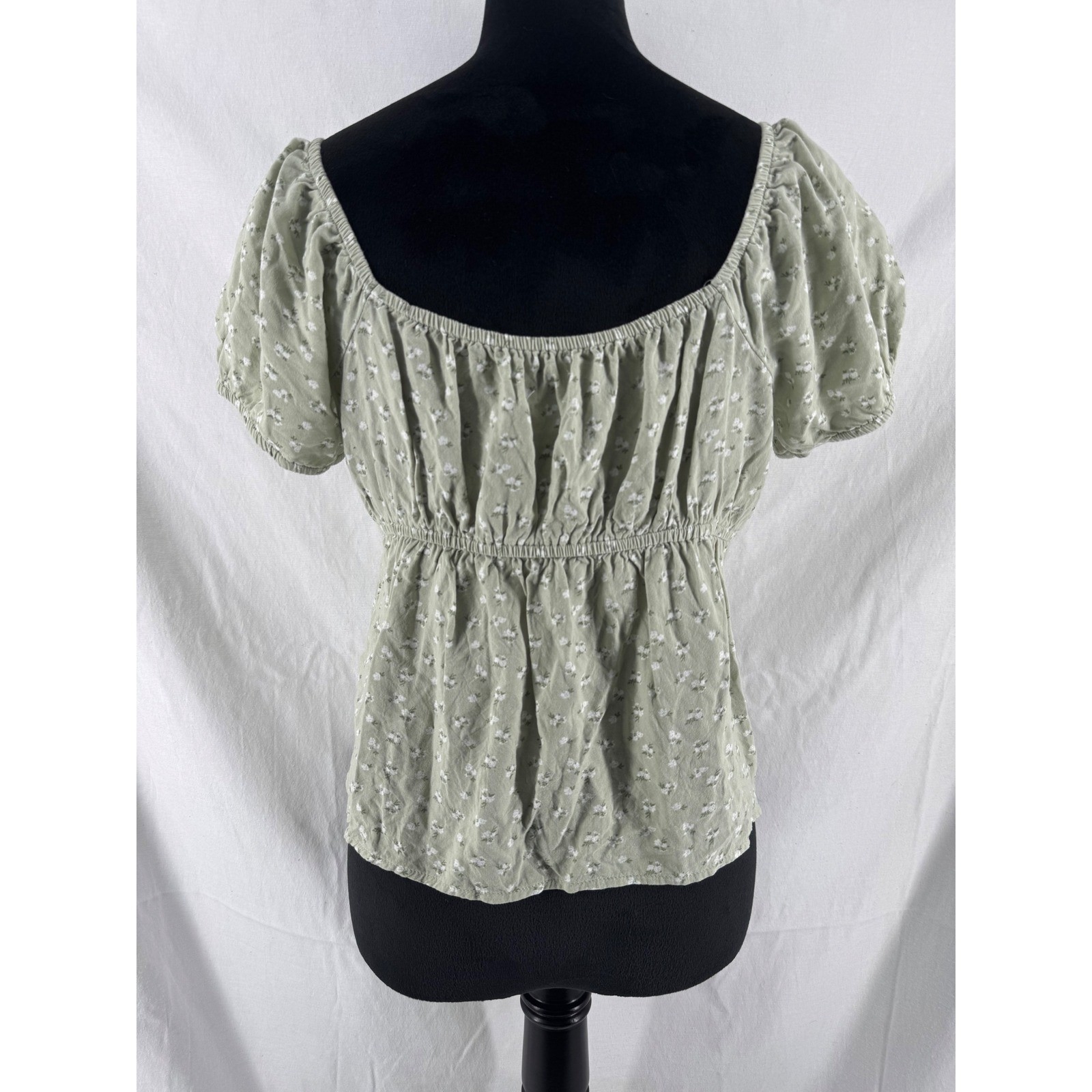 Hollister Sage Green Floral Button Front Puff Sleeve Blouse Top Large