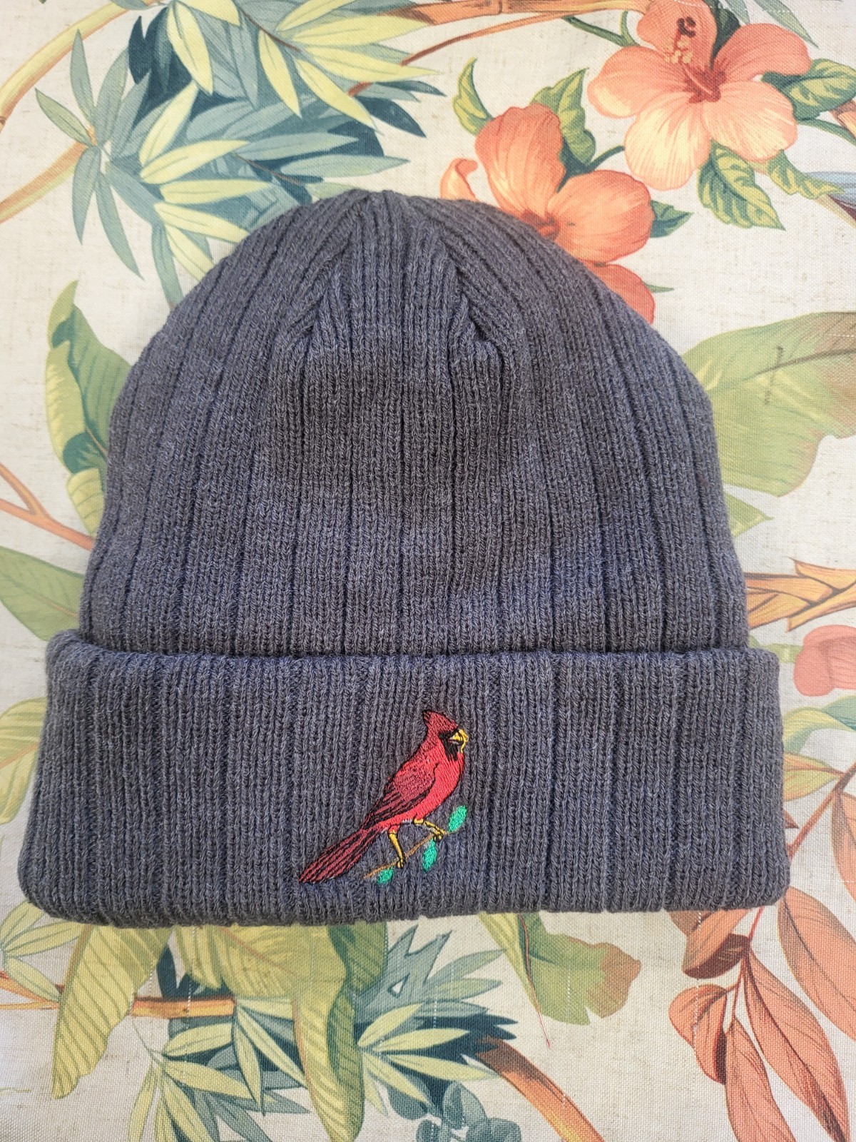 Red Cardinal bird embroidered fleece beanie hat, insulated beanie, Bird lover