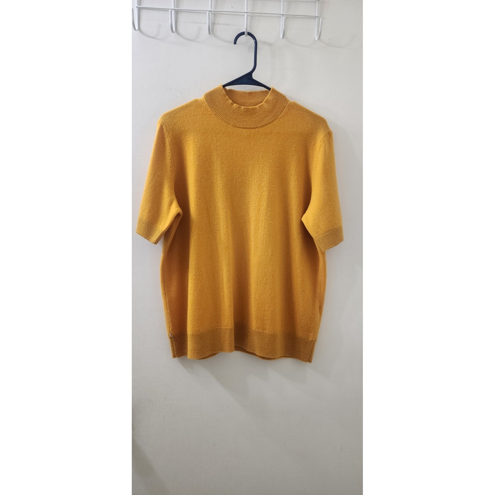 Lafayette 148 New York Mustard Yellow Mock Neck Short Sleeve Sweater XL Metallic