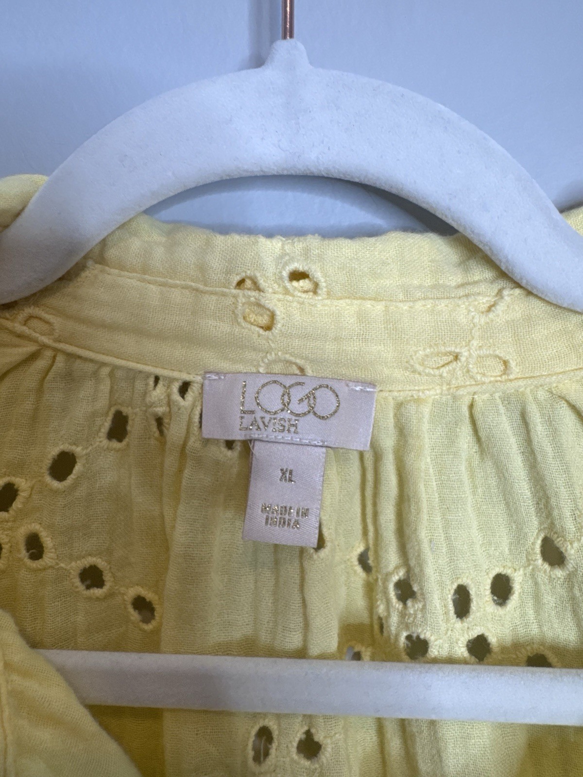 LOGO Lavish Eyelet Lace Blouse Butter Yellow Boho Cottagecore Button XL Spring
