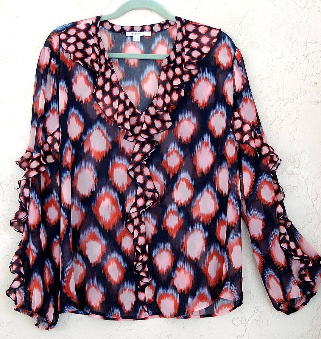 Chico’s Sz 3.5 XL 18 Artsy Sheer Burgundy Pink Coral Blouse Tunic Top Ruffle