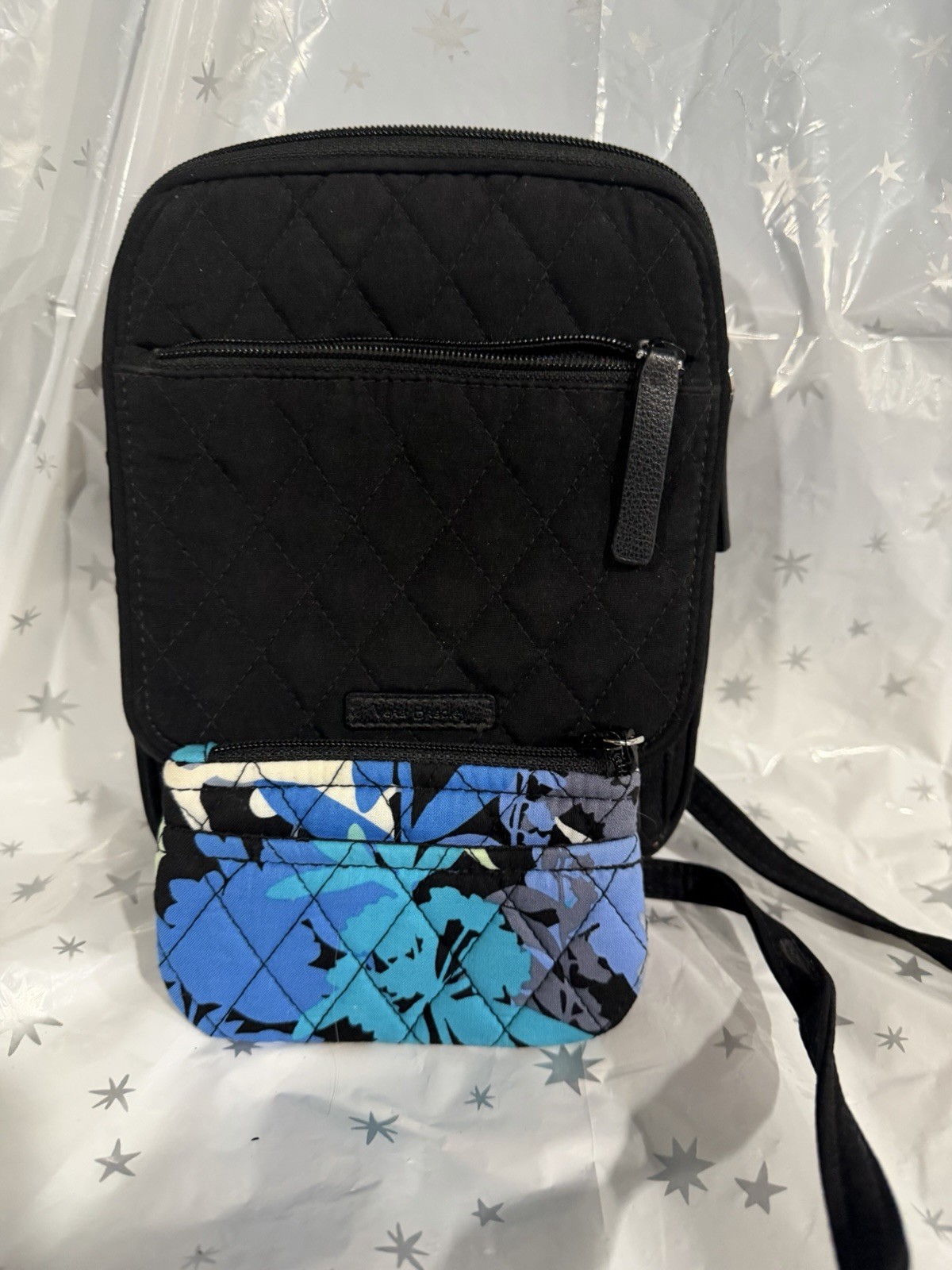 Vera Bradley Black/Blue Floral Quilted Crossbody Bag Zip Pockets Silver