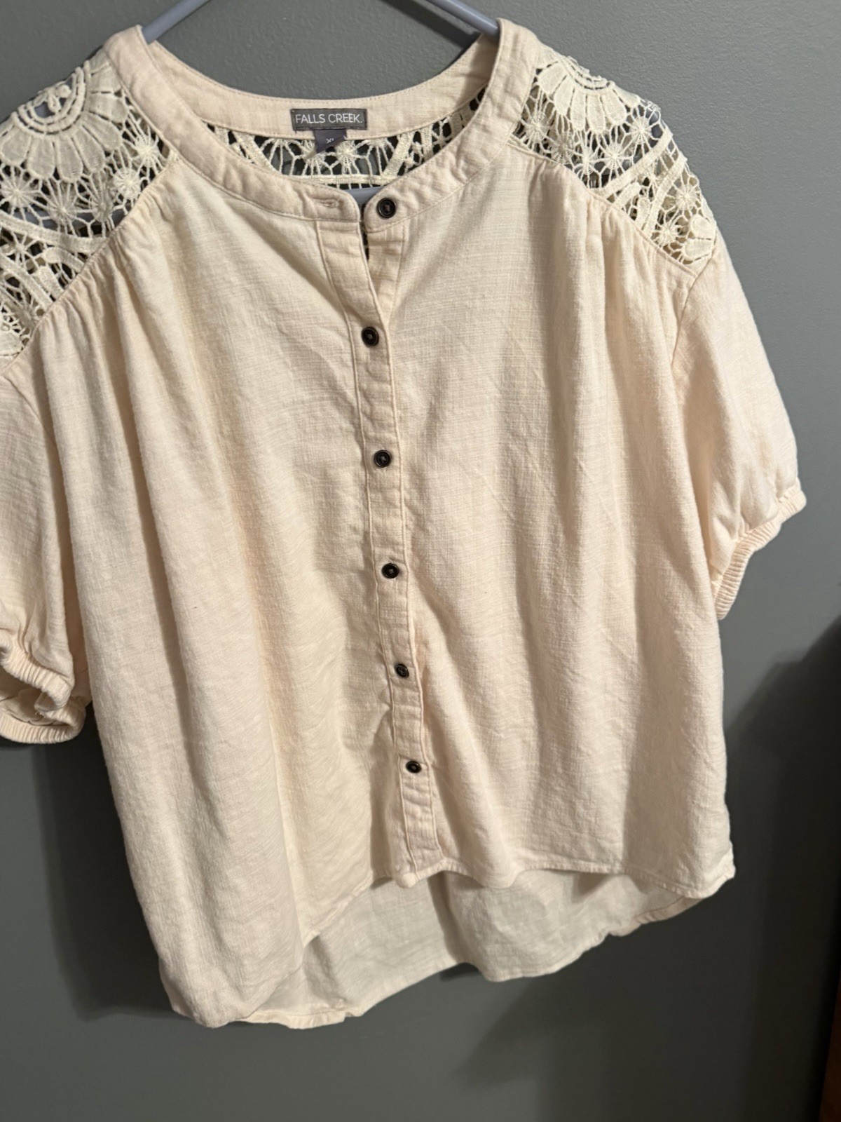 Falls Creek Beige Lace Yoke Button Front Short Sleeve Blouse Top XL