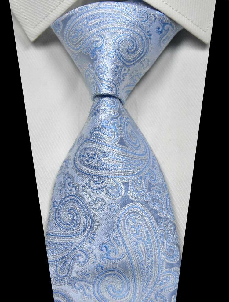Classic Paisley Baby Blue Silver 100% Silk Men’s Necktie Neck Tie 3.15”(8CM)