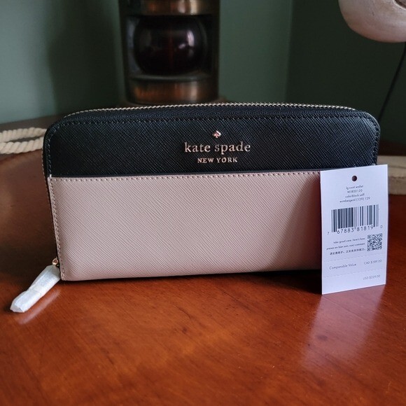 Kate Spade Staci WLR00120 Zip Around Continental Wallet Black Tan NWT