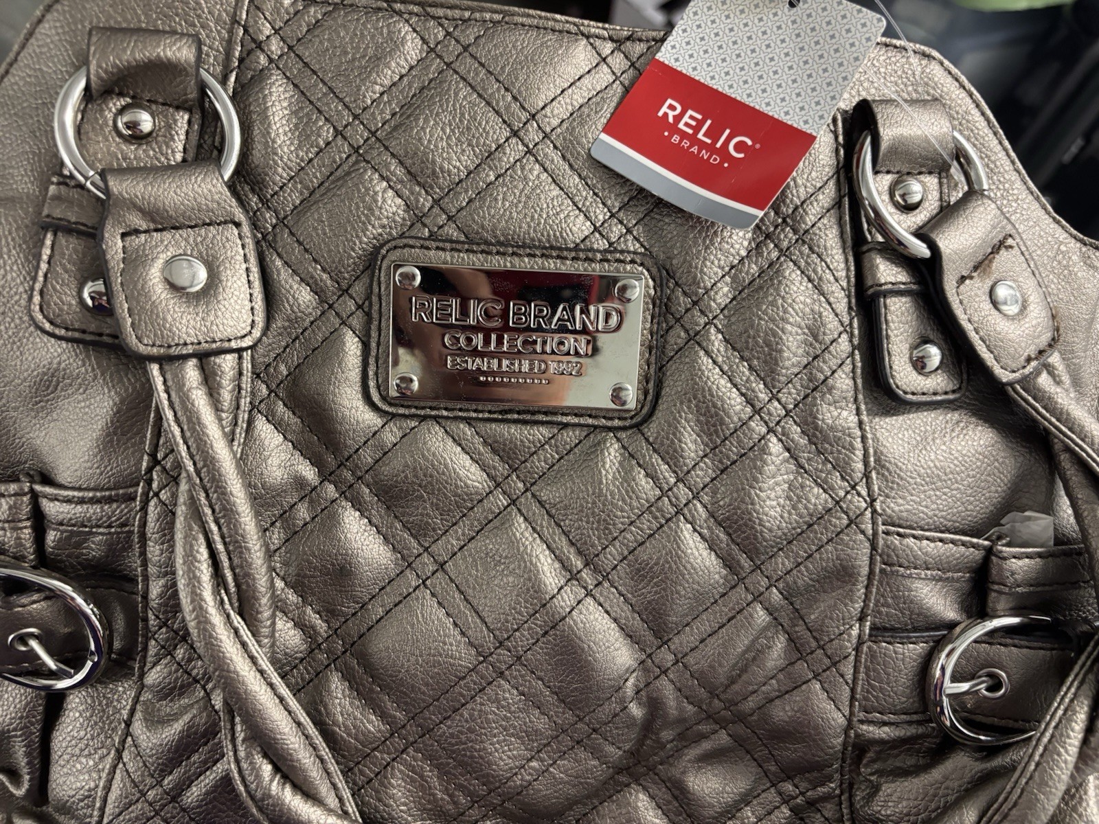 Relic Metallic Gray Quilted Satchel Top Handle Silver Hardware Zip, Magnetic