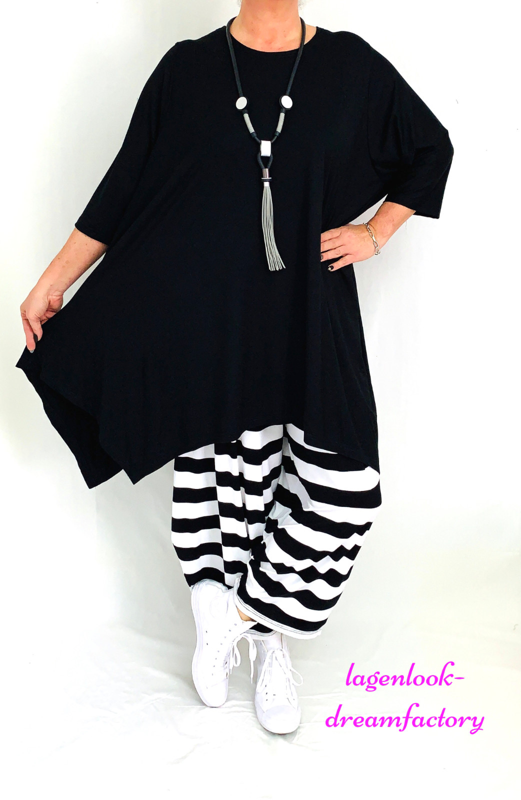 Lagenlook A Line Long Shirt Peak Tunic BLACK 5 Sizes 42 44 46 48 50 52 54