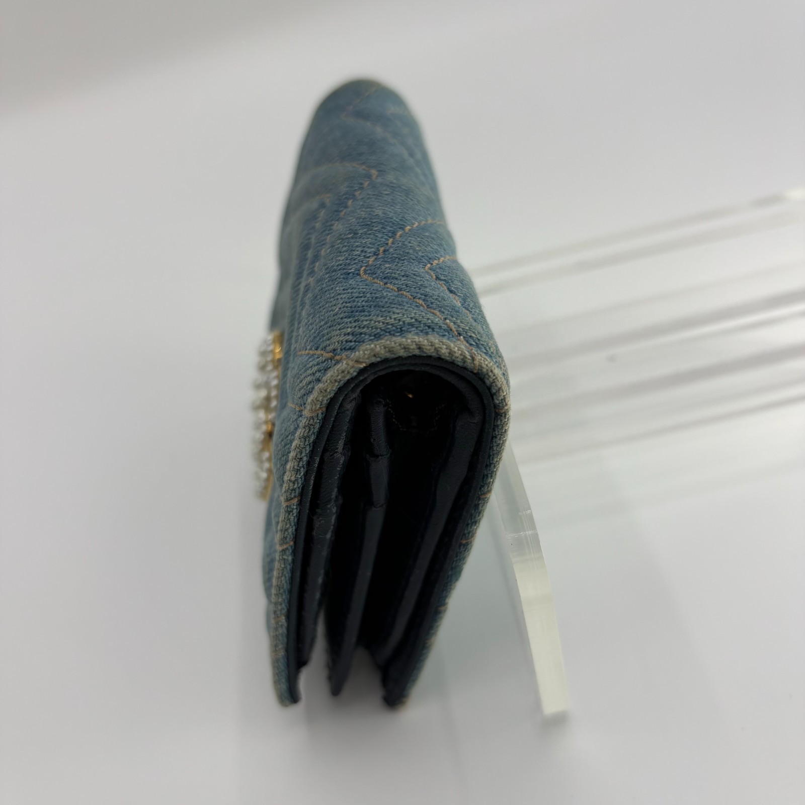 Gucci GG Marmont Wallet Denim Pearl Studs Compact Trifold Blue Leather Auth