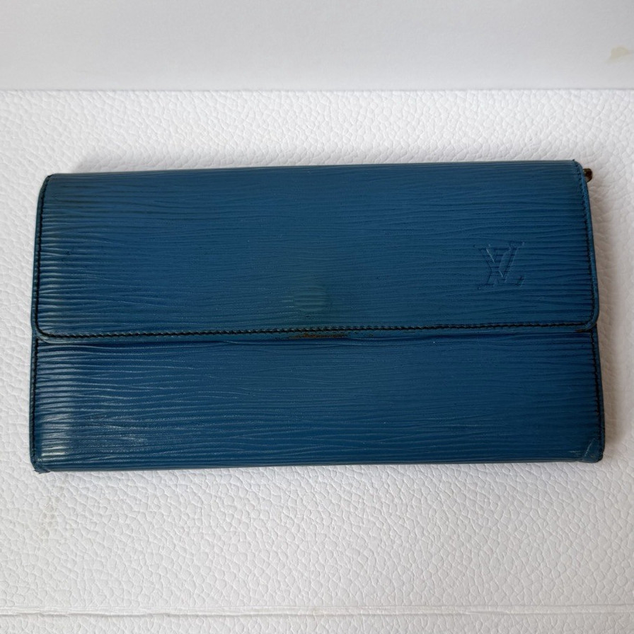 Louis Vuitton Blue Checkbook Fold-Over Wallet w/ Zip Coin Pocket & Snap