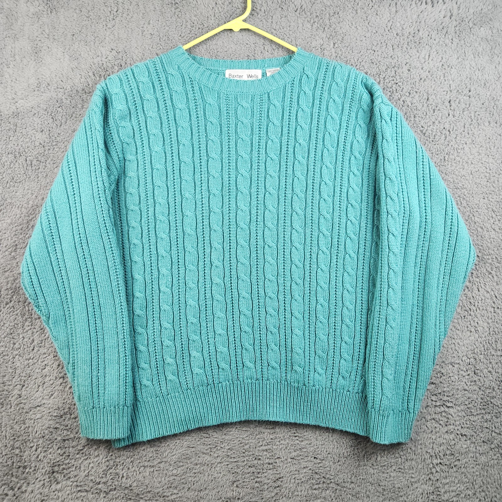 VTG Acrylic Sweater Women’s Large Turquoise Cable Knit Pullover Minimalist Cozy