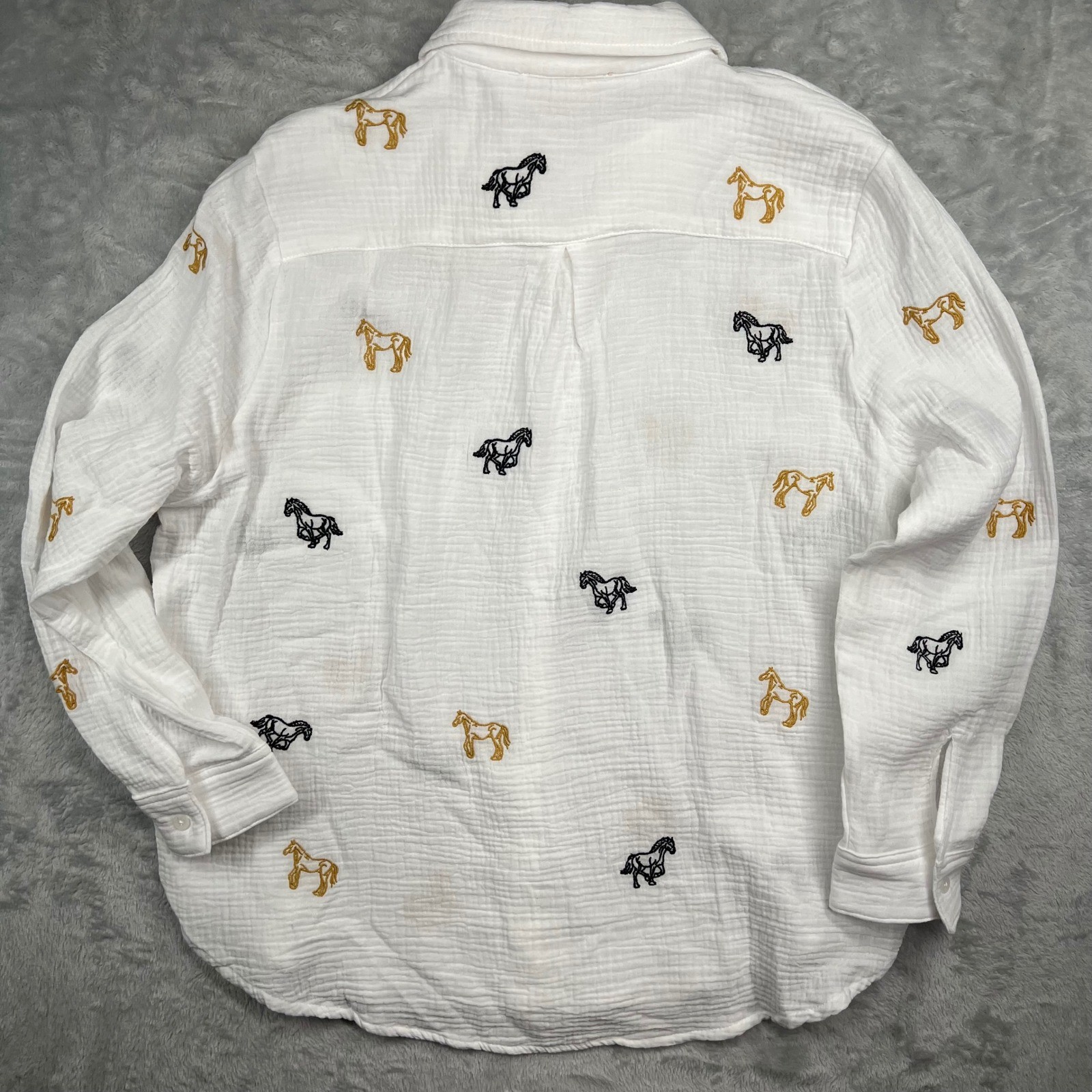 Philosophy Republic Clothing White Gauze Horse Embroidered Button Down Shirt M