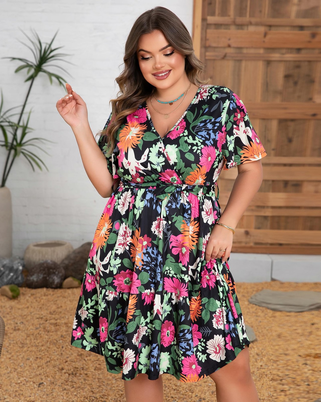 Plus Size Dresses for Curvy Women, Floral Sleeves Tiered 5X-Large, Multicolor