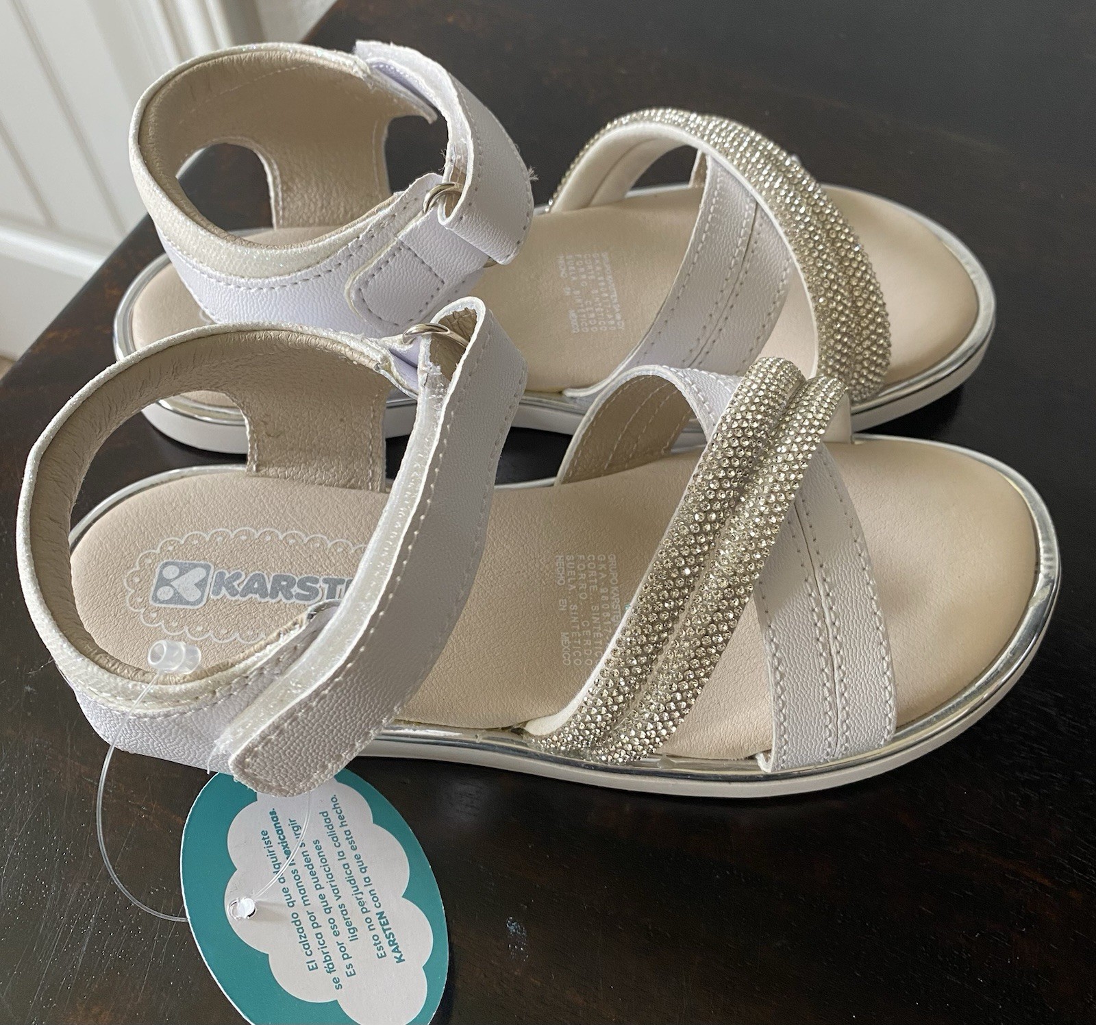 Karston Kids Strappy Rhinestone Sandals White/Silver Hook & Loop Size 11