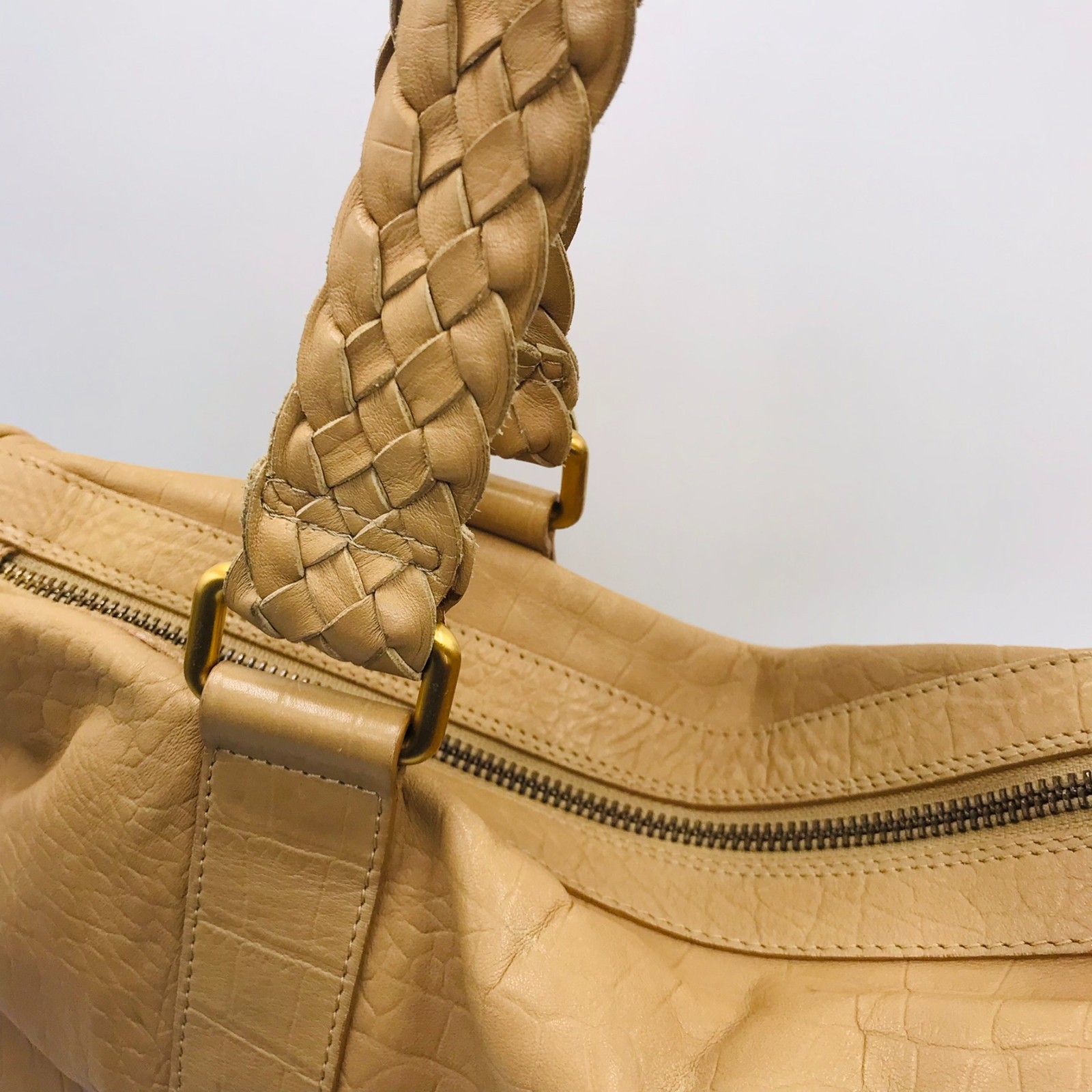 Falor Tan Leather Tote Bag Made In Italy with Woven Handles Embossed Snakeskin