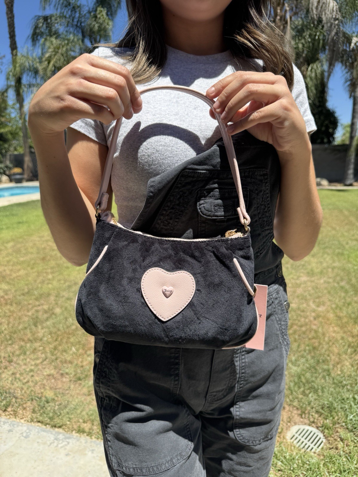 Juicy Couture Black & Pink Logo Print Small Shoulder Bag w/ Charm, Zip