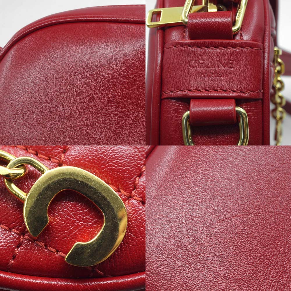 CELINE Red Leather Shoulder Bag with C Charm Gold Hardware #M-4080