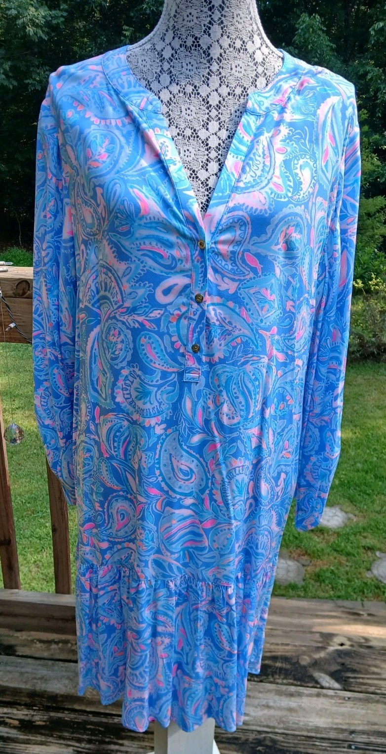 Lilly Pulitzer Charlee Tunic Dress Blue Fish Kiss XL paisley beach vacation NWT