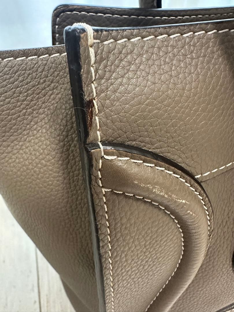 CELINE Nano Luggage Bag Greige Drummed Leather Top Handle Shoulder Tote Bag