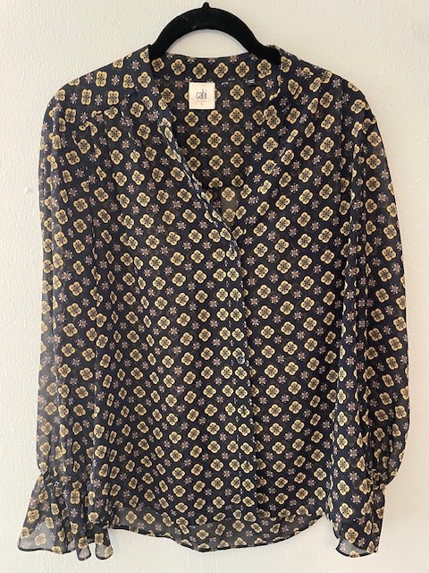 Cabi Mosaic Blouse Sheer Navy Geometric Ruffle Smocked Flare Sleeve Size S 3772