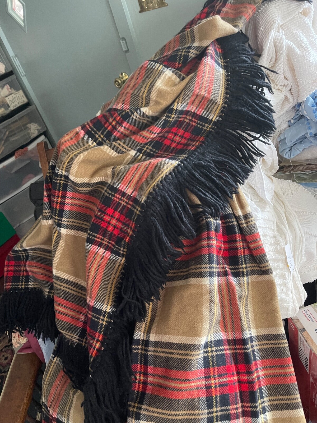 Lg. Plaid heavy wool shawl hand tied fringe / skirt / use fabric upholstery vint