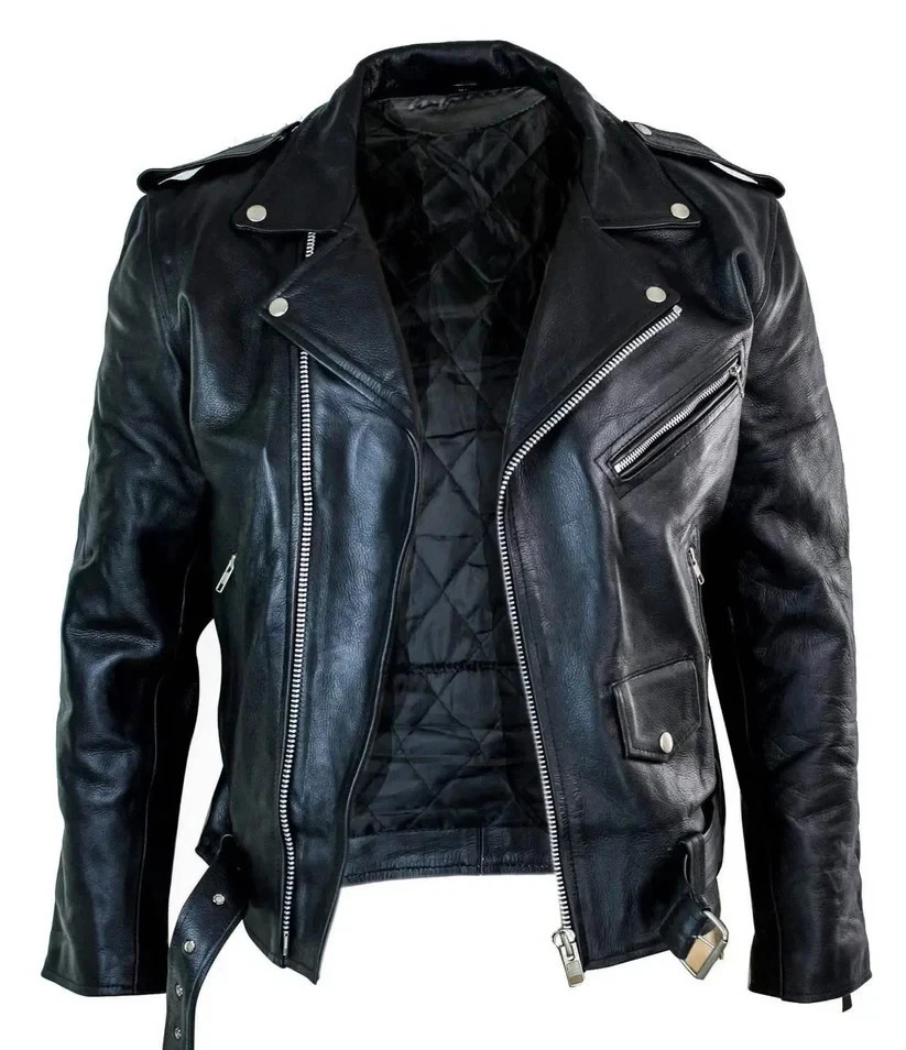 Men’s Motorcycle Leather jacket Genuine Buffalo Skin Brando Style Black Biker