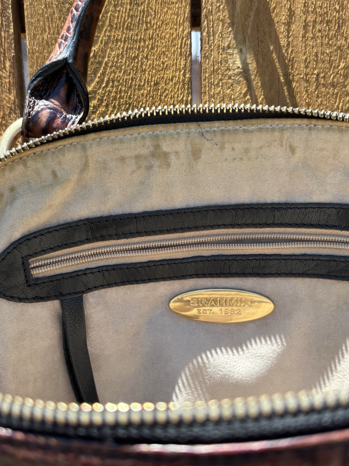 Brahmin Brown/Black Croc-Embossed Satchel Top Handle Zip, Gold Hardware