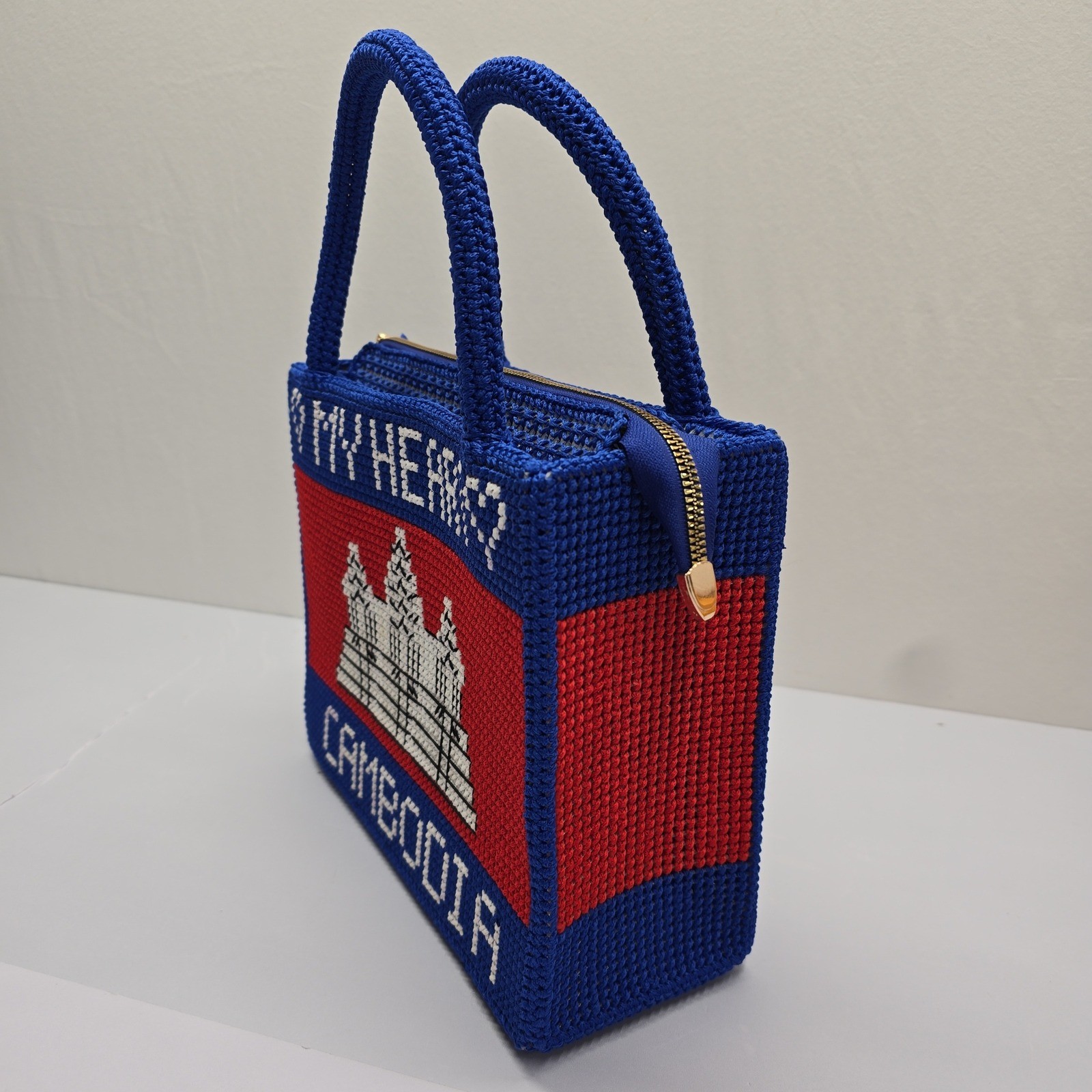 Cambodia My Heart Angkor Wat Needlepoint Top Handle Bag Blue Red Souvenir