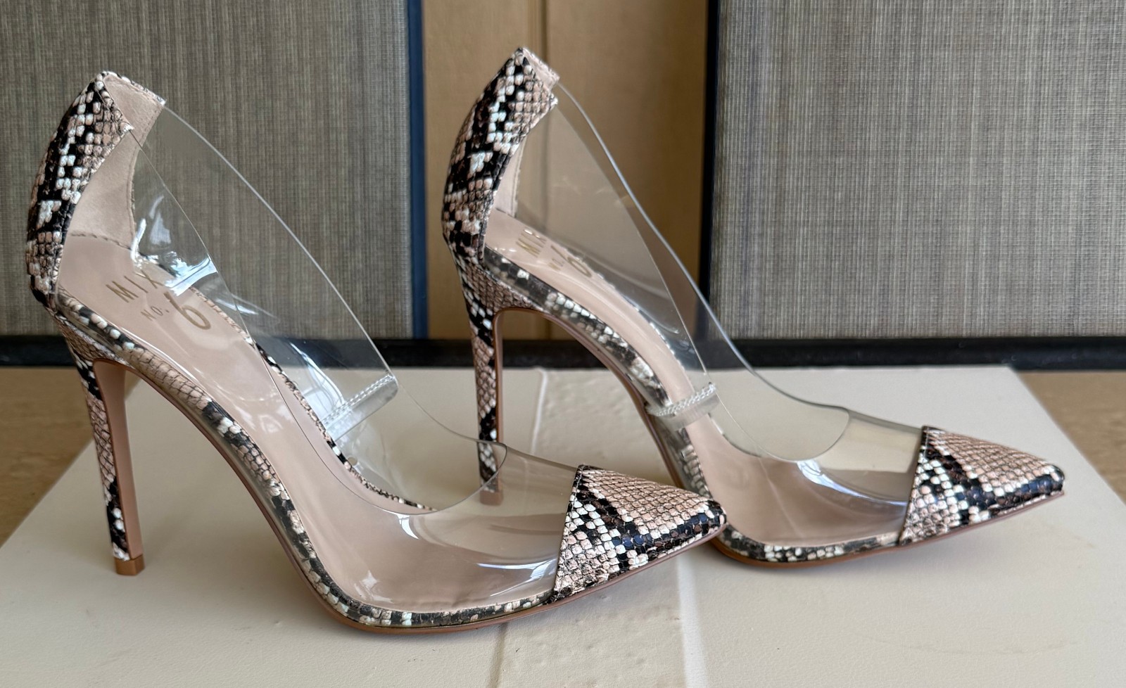 MIX NO. 6 WOMEN’S SHOES SIZE: 8 M SNAKE PRINT CLEAR PANEL STILETTO PUMPS