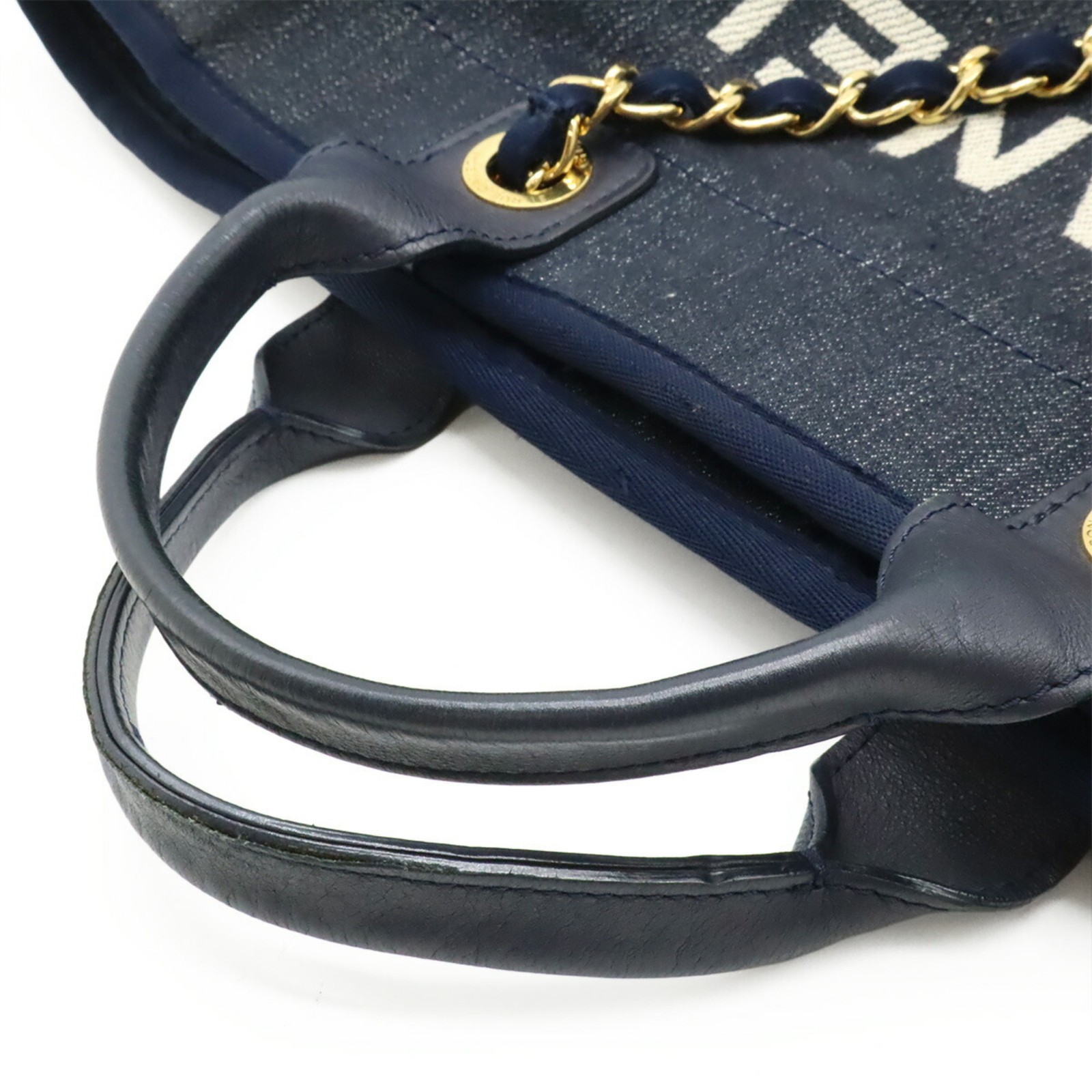 CHANEL Deauville Tote MM Medium Bag Shoulder Chain Denim Navy A67001 GZl1i6xz