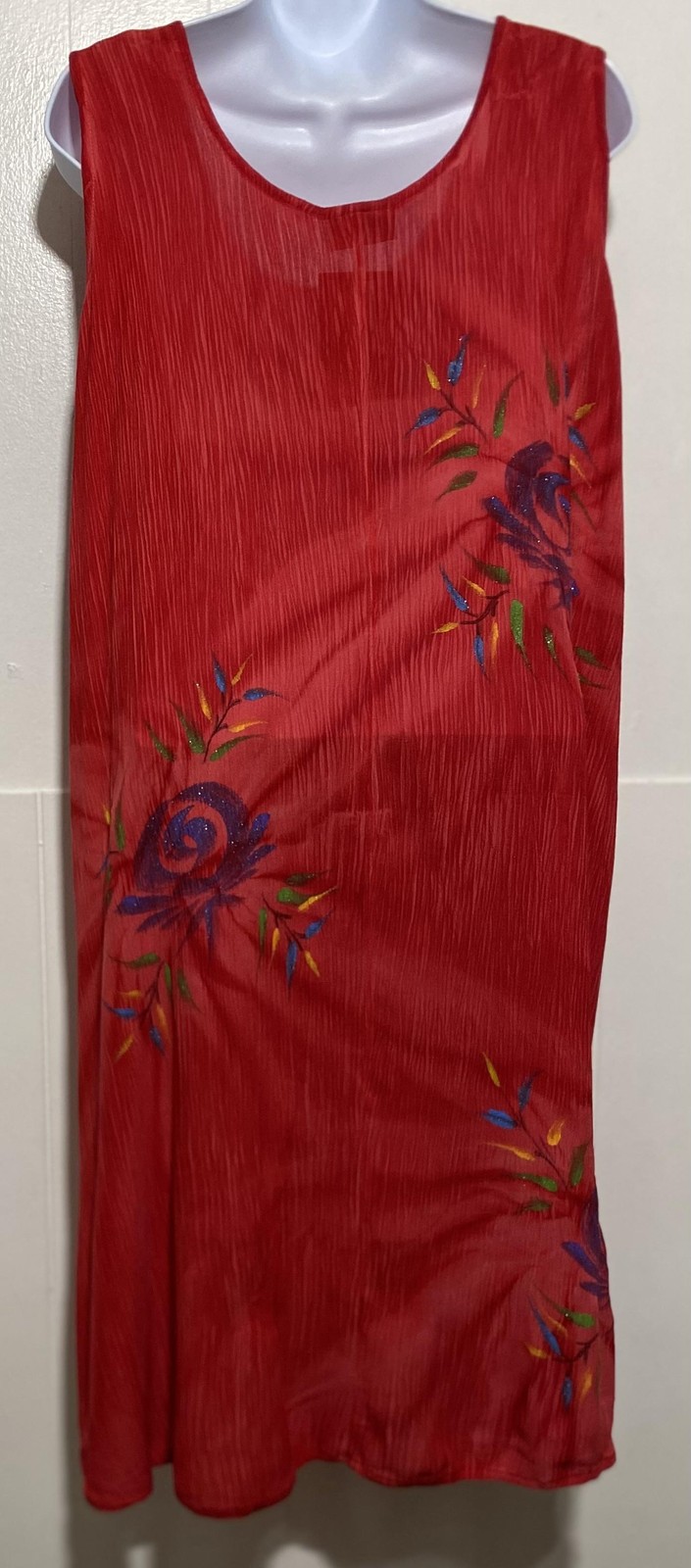 Tropical Batik Dress Womens One Size Red Sleeveless Hand Painted Floral Sundress