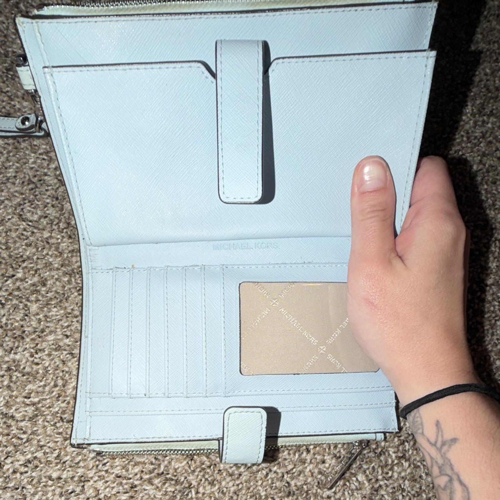 Michael Kors Blue Solid Wristlet Wallet Double Zip, Credit Card Slots