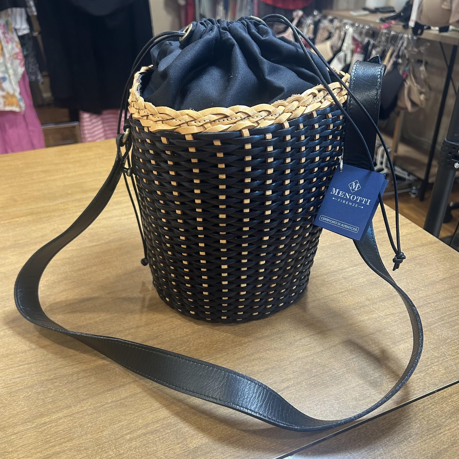 Menotti Bucket Bag Womens Med Black Leather Woven Crossbody Purse Italy