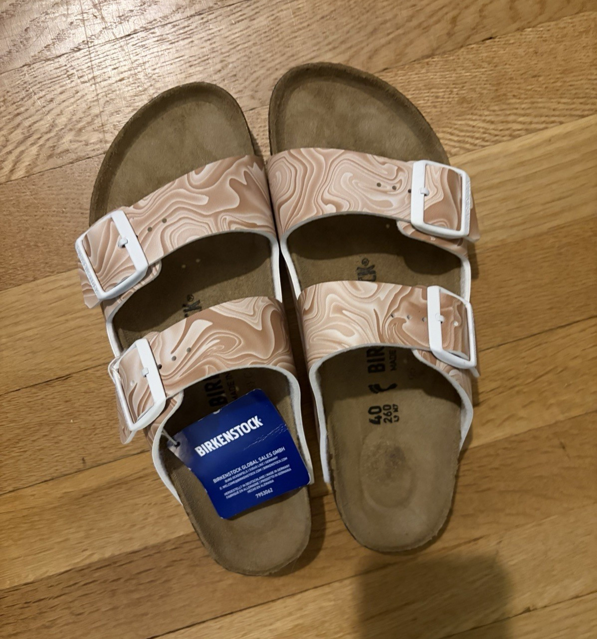 Birkenstock Arizona Men’s Slide Sandals Beige/White Marbled Buckle Cork size 40