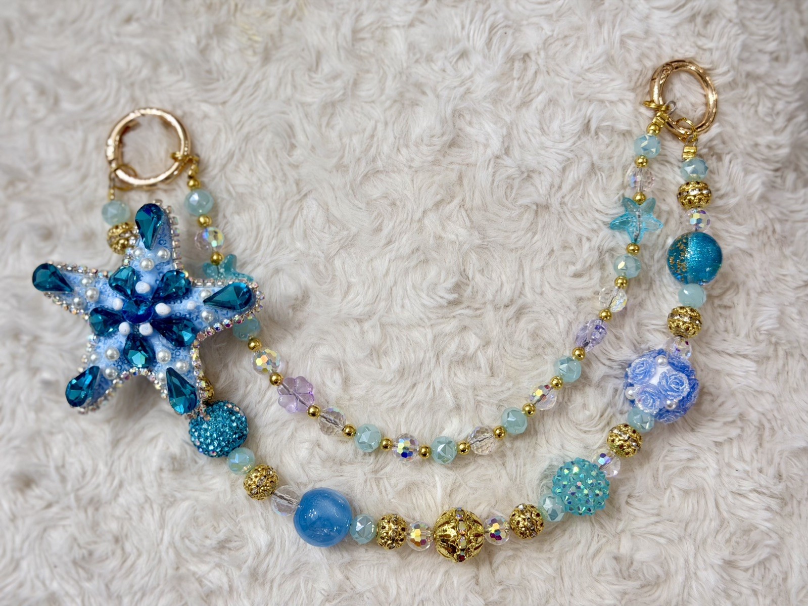 Crystal Light Blue and Gold Starfish Handbag and Keychain Charm