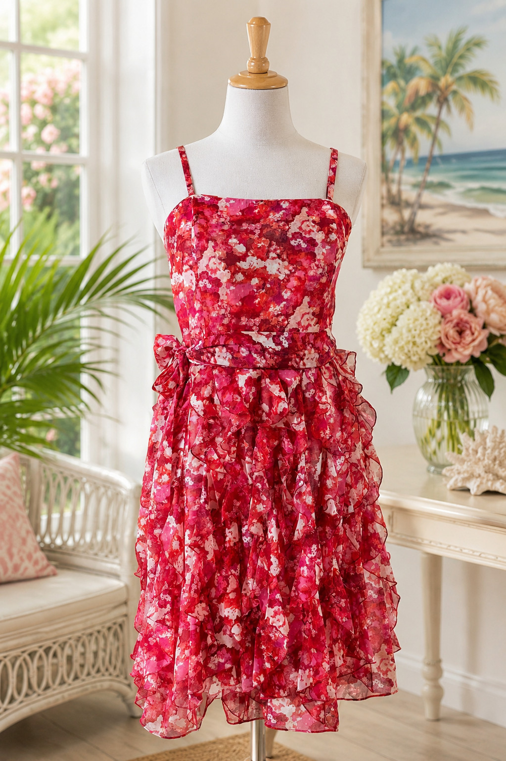 NWT White House Black Market Floral Waterfall Ruffle Chiffon Dress Pink Red Size