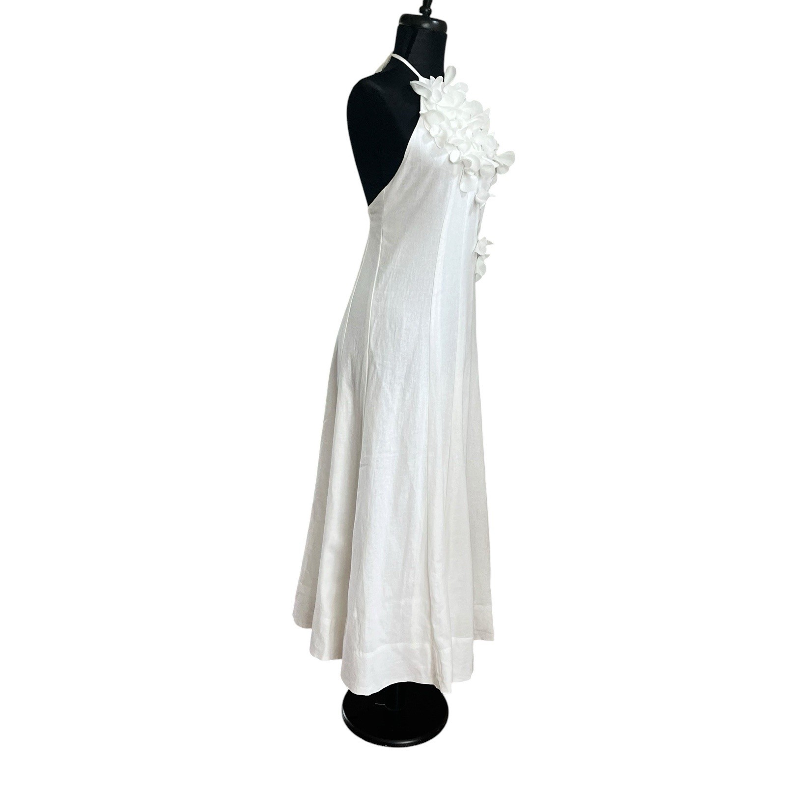 Caroline Constas Floral 3D Applique Halter Maxi Dress 10 White Linen Resort Euro