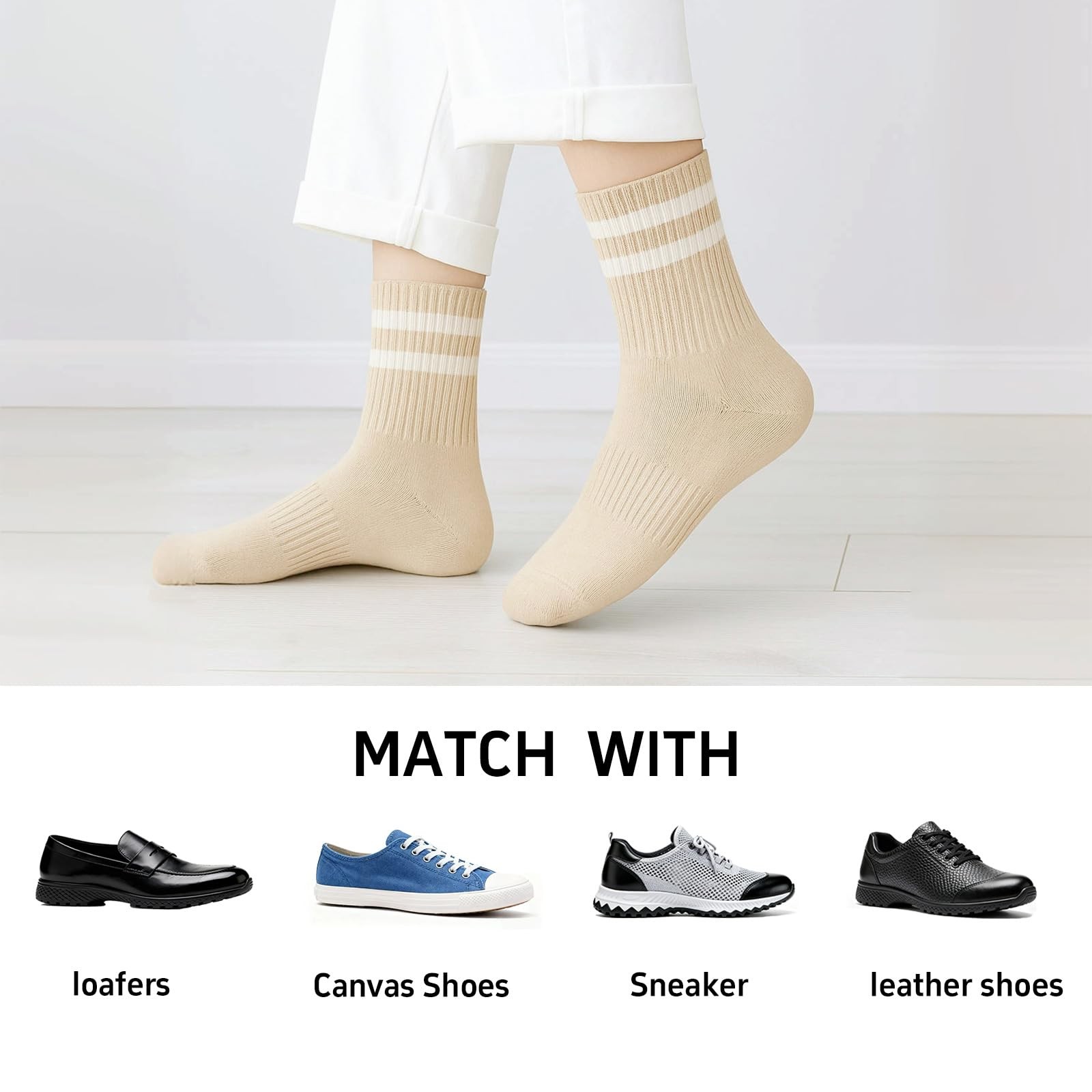 4 Pairs Womens Striped Crew Socks, Cozy Cute 4 Pairs-black/Grey/Khaki/Coffee