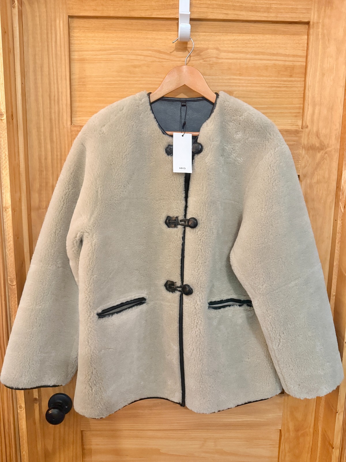 Mango NWT Bethoven Jacket Faux Shearling Vegan Leather Trim Toggle Coat XL