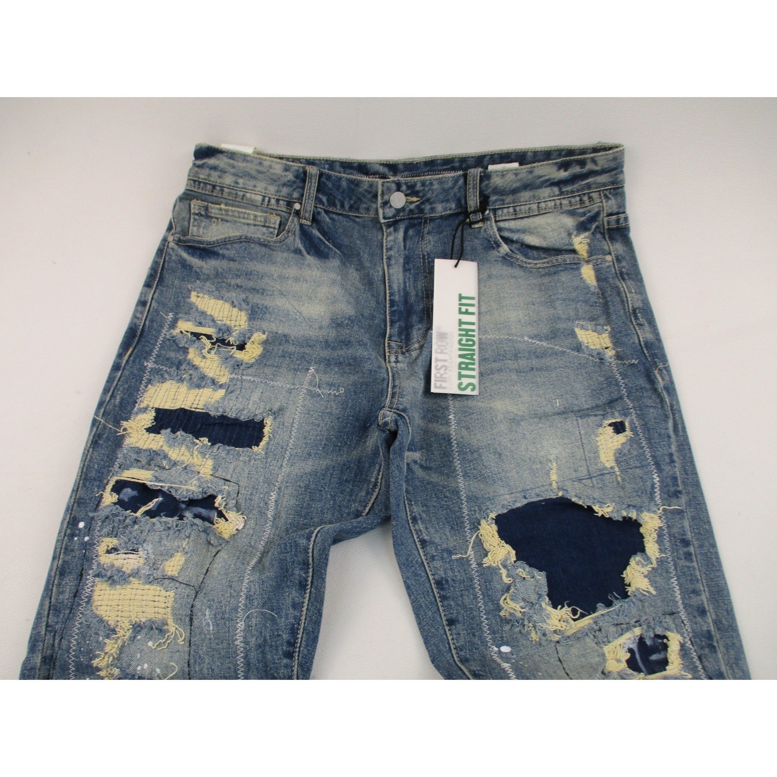 First Row Jeans Men 36 Blue Straight Fit Y2K Distressed Patchwork Splatter