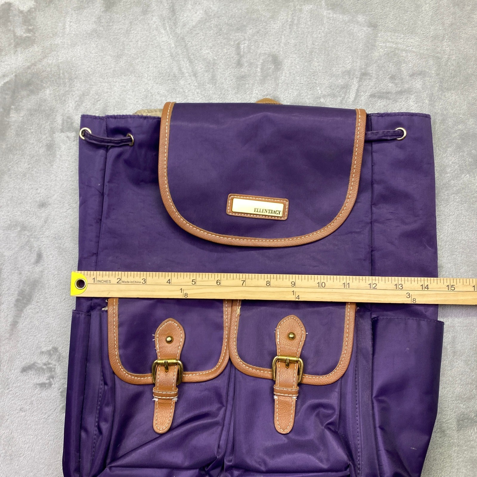 Ellen Tracy Purple Nylon Backpack with Brown Faux Leather Trim Buckle Closures
