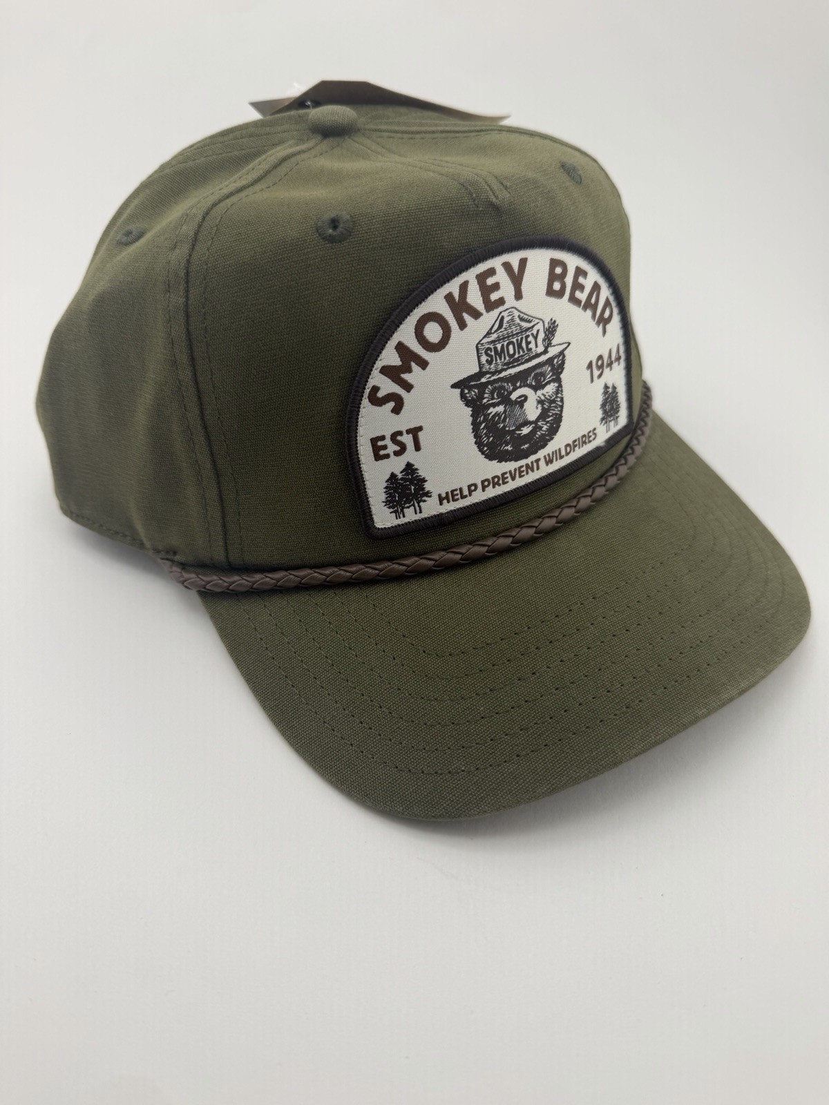 SMOKEY THE BEAR Official SnapBack Patch Hat Cap Rope Design Army Green NWT
