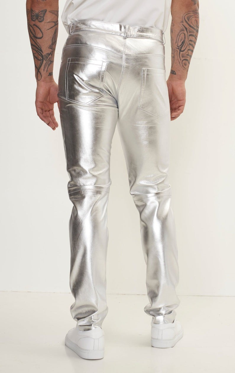 Leather Pants Men Pant Trousers Slim Biker Fit Men’s Jeans Style Real Silver 10