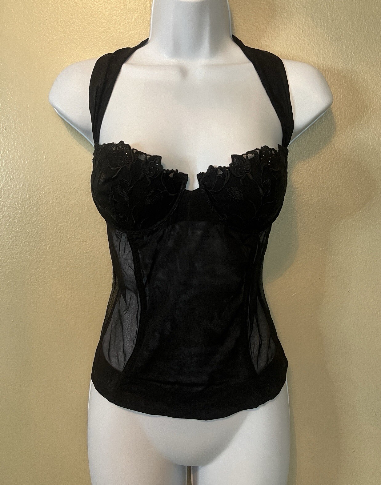 Vintage COSABELLA Italy RareY2K Black Mesh/Lace Bustier Removable Halter Strap M