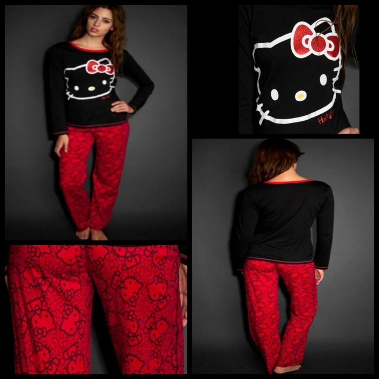 Sanrio HELLO KITTY Womens Pajamas 2 Piece Red Sleep Set Glitter Bow (L) Y2K NWT