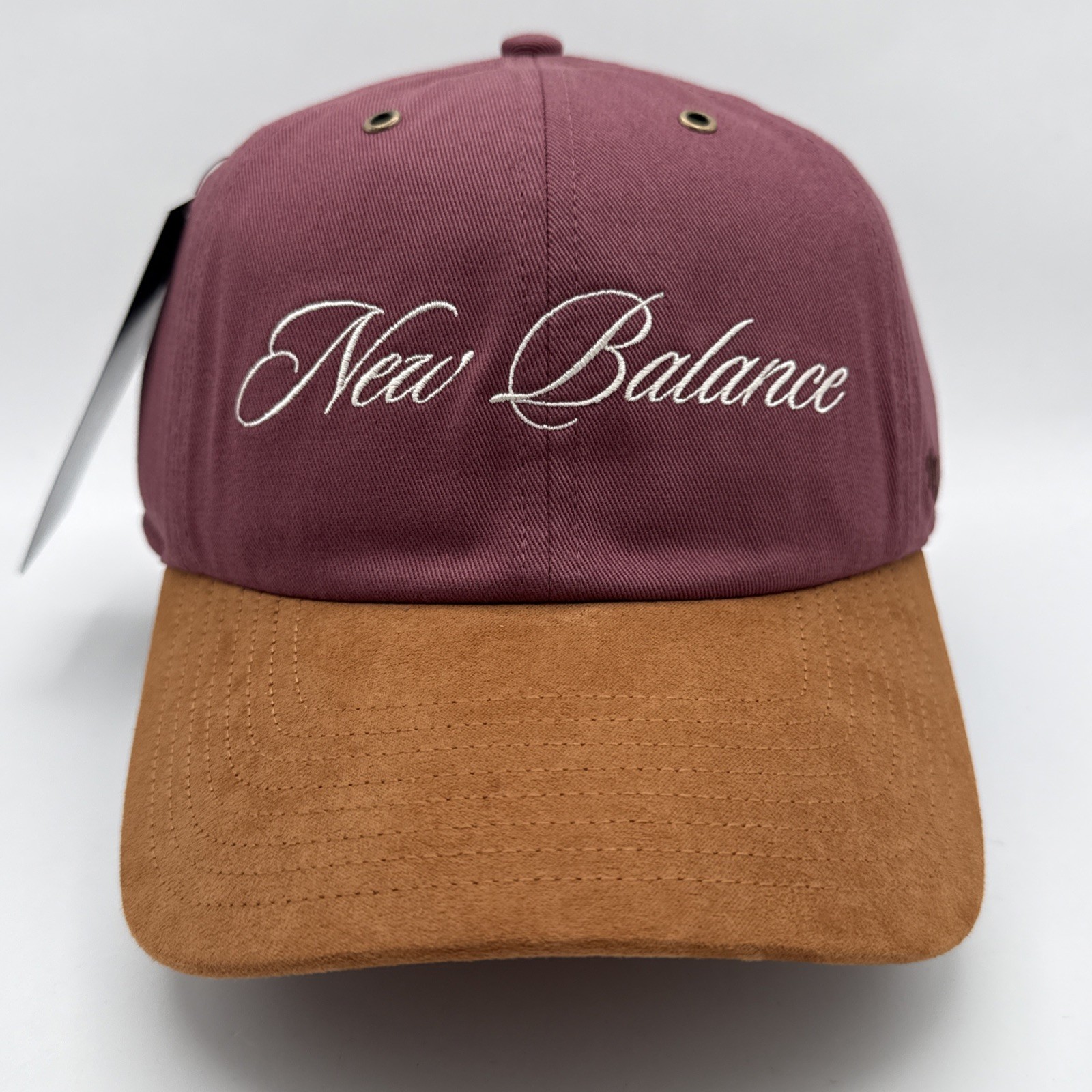 New Balance Hat Mens One Size 47 Brand Burgundy Tan Suede Brim Script Logo OSFA!